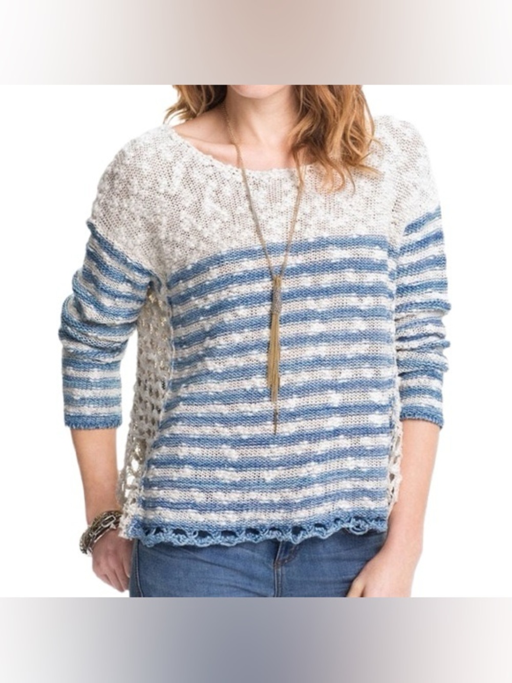 Free People Striped In Crochet Pullover Sweater Blue Cream Medium